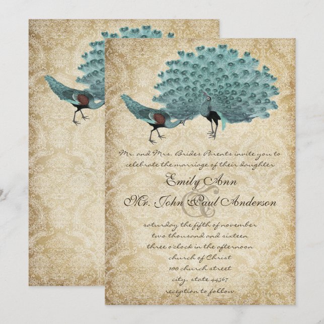 Perfect Pair Aqua Aged Damask Peacock Elegance Invitation (Front/Back)