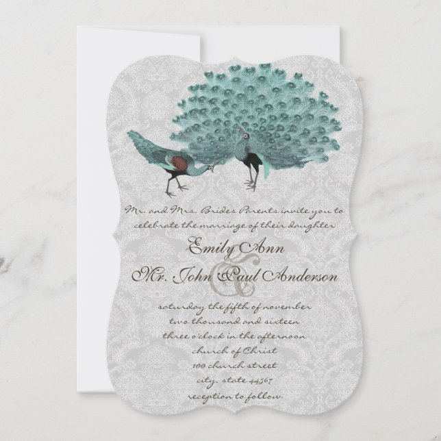Perfect Pair Aqua Grey Peacock Metallic Elegance Invitation (Front)