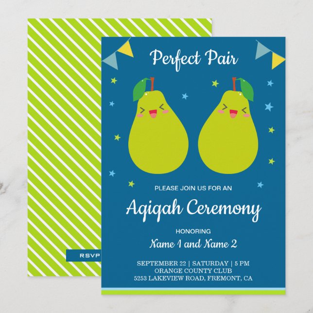 Perfect Pair Cute Pear Twins Aqiqah Invitation (Front/Back)