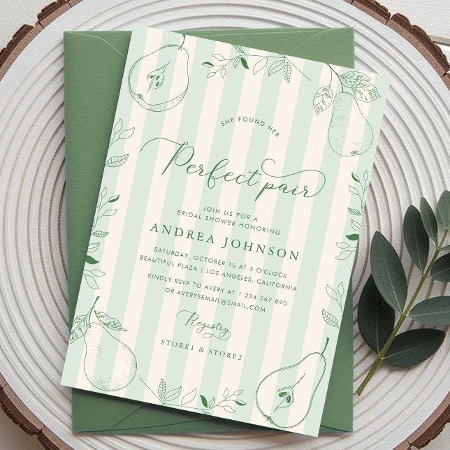 Perfect Pair Green Stripes Pear Bridal Shower Invitation (Creator Uploaded)