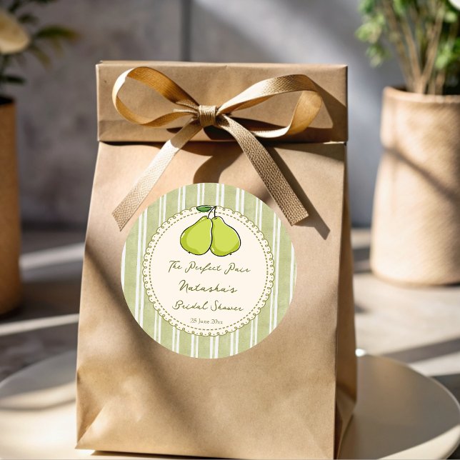 Perfect pair sage green pear bridal shower favor classic round sticker (Perfect pair sage green retro stripes pear bridal shower personalized favor classic round sticker)