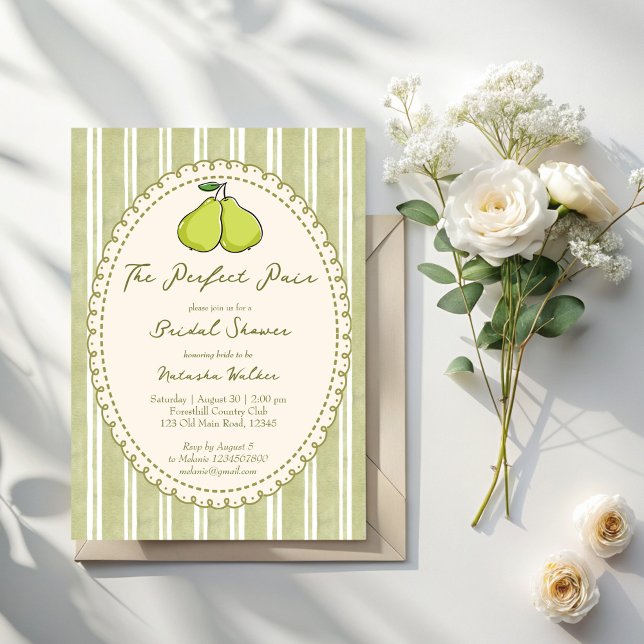 Perfect pair sage green stripe pear bridal shower invitation (Perfect pair sage green stripe pear bridal shower invitation cards template
)