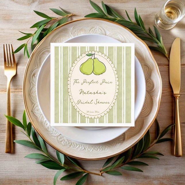 Perfect pair sage green stripe pear bridal shower napkin (Perfect pair sage green stripes pear bridal shower personalized napkins)