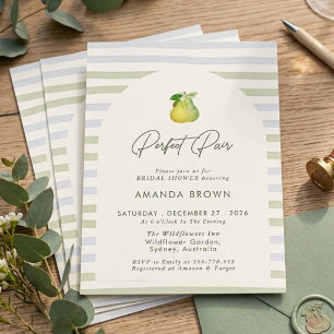 Perfect Pair Sage Green Stripes Bow Bridal Shower Invitation