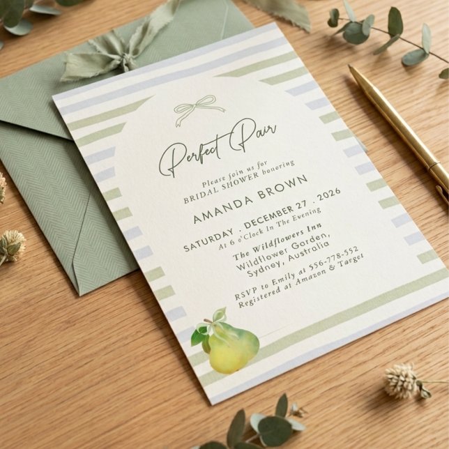 Perfect Pair Sage Green Stripes Bow Bridal Shower Invitation (Creator Uploaded)