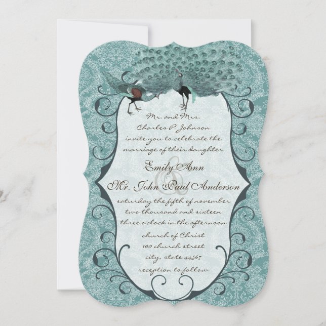 Perfect Pair Sea Blue Damask Peacock Elegance Invitation (Front)