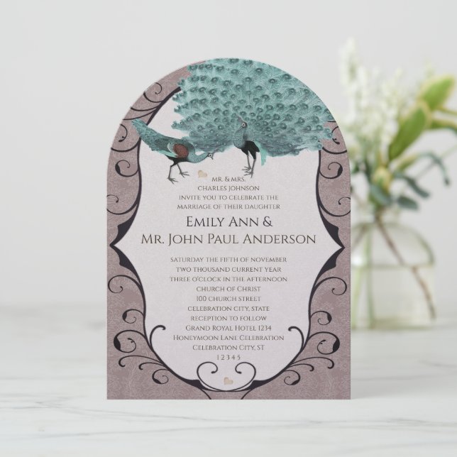 Perfect Pair Teal & Mink Damask Peacock Invitation (Standing Front)