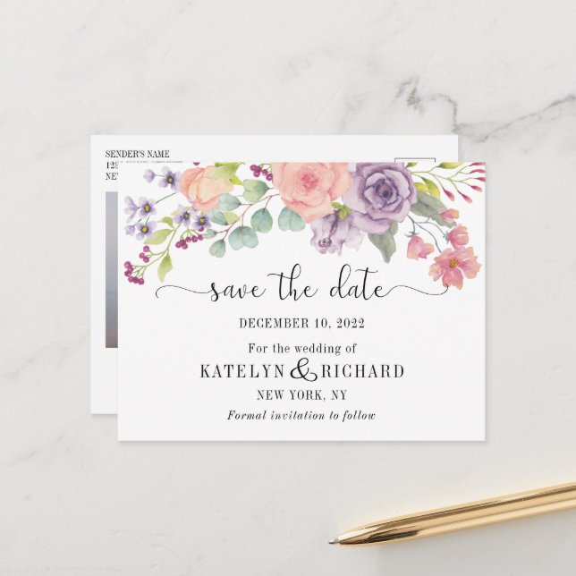 Perfect pastels floral Save the Date Postcard (Front/Back In Situ)