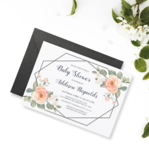 Perfect Peach Floral Geometric Frame Baby Shower Invitation
