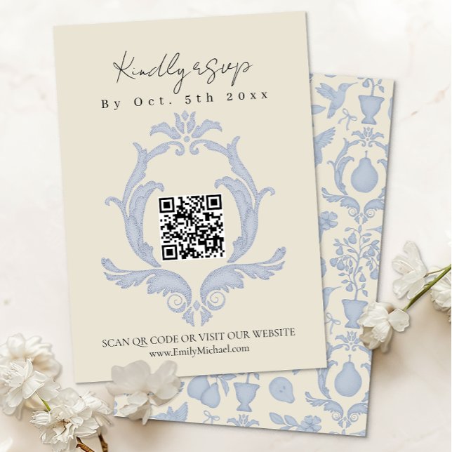Perfect Pear Bridal Shower | Blue Damask RSVP Card (RSVP card)