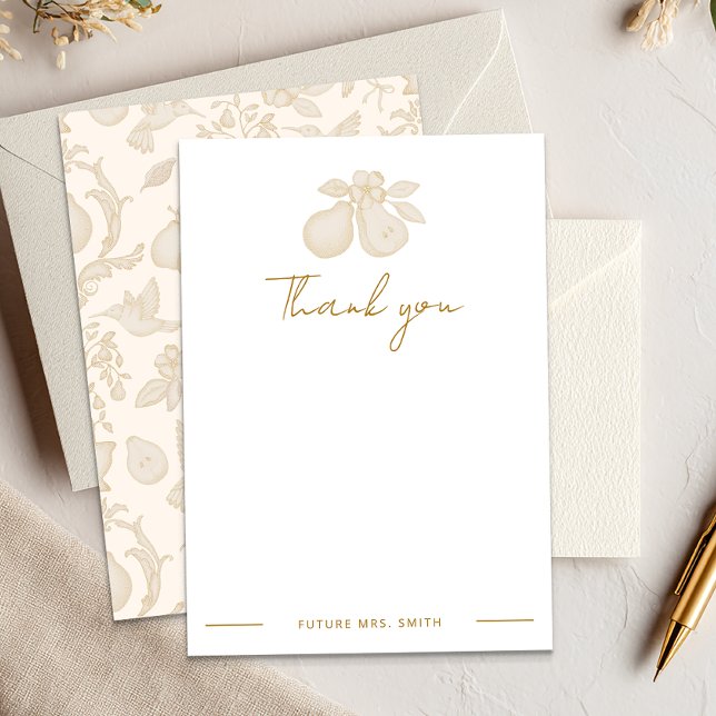 Perfect Pear Bridal Shower | Gold Thank You Note Card (Personalized Blank Thank You Card)