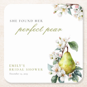 Perfect Pear Floral Bridal Shower Square Paper Coaster