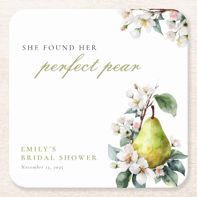 Perfect Pear Floral Bridal Shower Square Paper Coaster (Front)