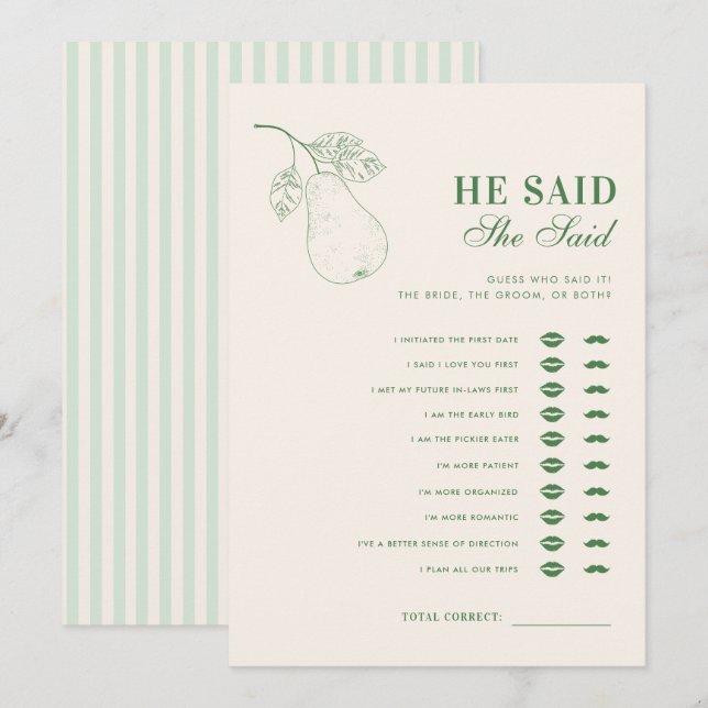 Perfect Pear He Said She Said Bridal Shower Game Invitation (Front/Back)