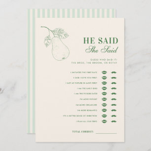 Perfect Pear He Said She Said Bridal Shower Game Invitation