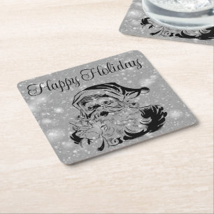 Perfect, Silver Sparkly Christmas SantaClous Square Paper Coaster
