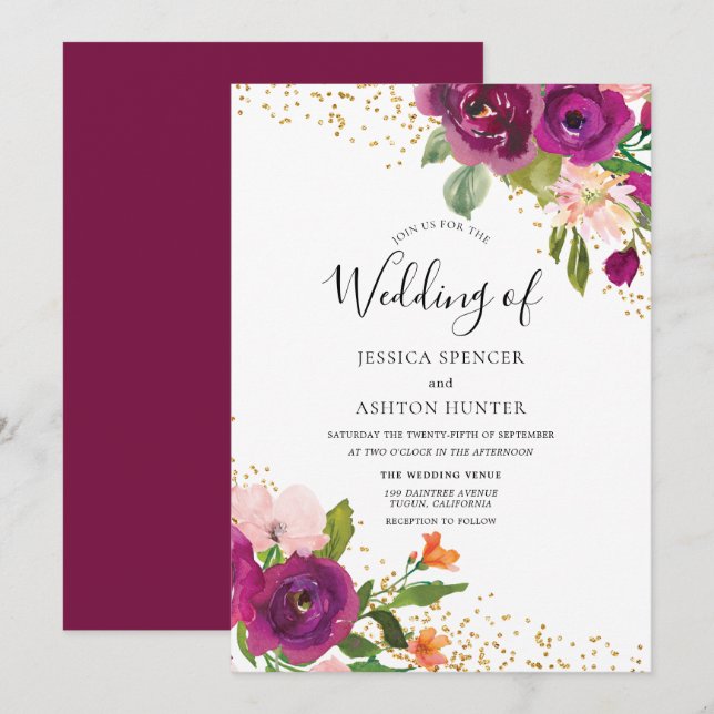 Perfect Wedding: Burgundy Pink Flower Gold Glitter Invitation (Front/Back)