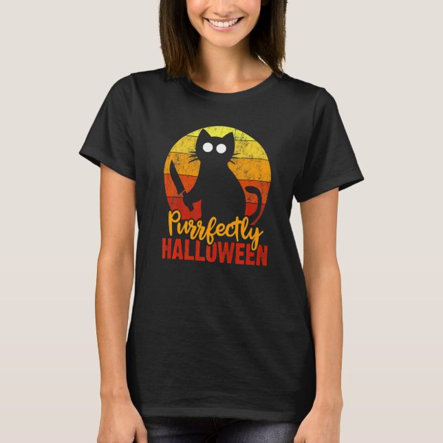 Perfectly Halloween Gory Black Cat Horror With Kni T-Shirt (Front)