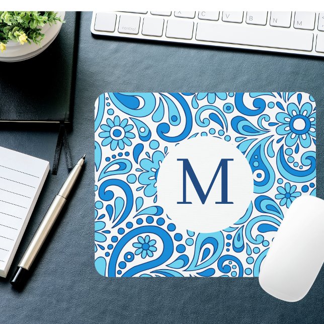 Perfectly Paisley Blue Monogram  Mouse Mat (Creator Uploaded)