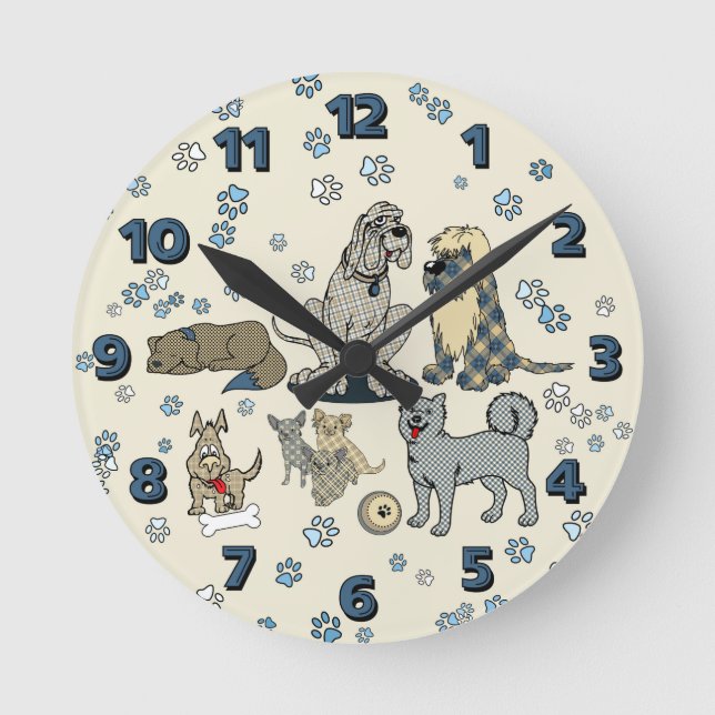 Perfectly Plaid Pups Round Clock (Front)