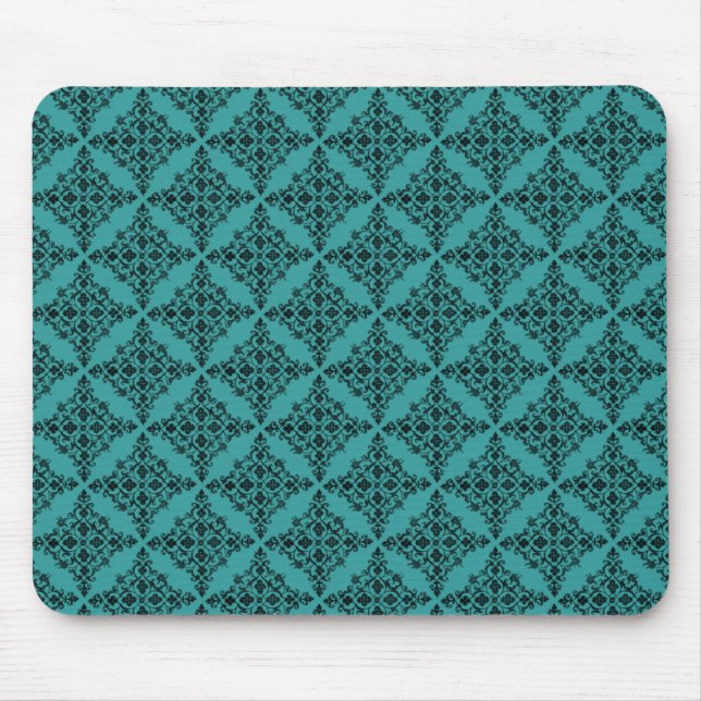 Perfectly Polished Damask Mousepad, Teal Mouse Mat (Front)