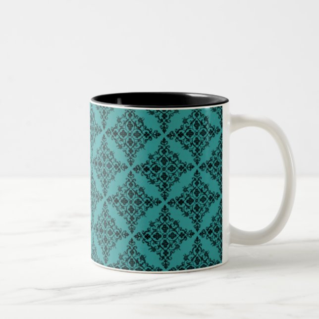 Perfectly Polished Damask Mug, Teal Two-Tone Coffee Mug (Right)
