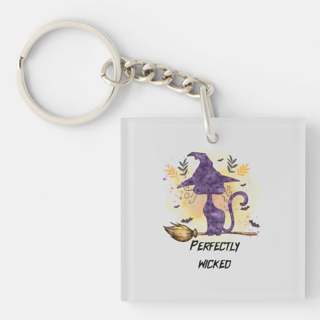 Perfectly Wicked – Purple Witch Cat Silhouette Key Ring (Front)