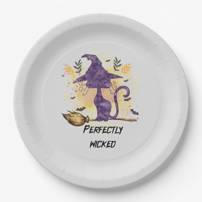 Perfectly Wicked – Purple Witch Cat Silhouette Paper Plate (Front)