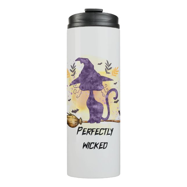 Perfectly Wicked – Purple Witch Cat Silhouette Thermal Tumbler (Front)