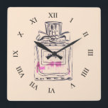 Perfume bottle fashion illustration pop art square wall clock<br><div class="desc">A fashion stylish illustration clock from an original artwork by artist Sacha Grossel of a pink perfume vintage perfume bottle. This watercolour illustration of a luxury brand perfume is in pop art style and the background colour is customisable.</div>