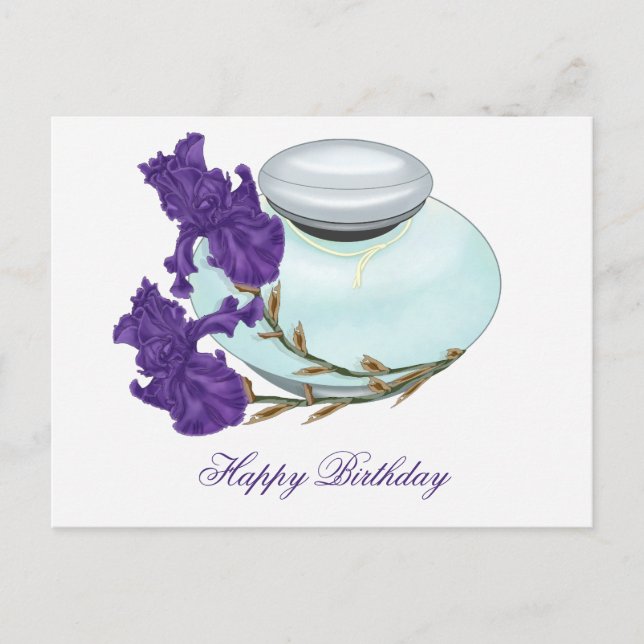 Perfume Bottle with Iris Flowers Happy Birthday Postcard (Front)