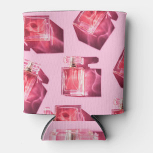 Perfume bottles, pink background, flatlay can cooler