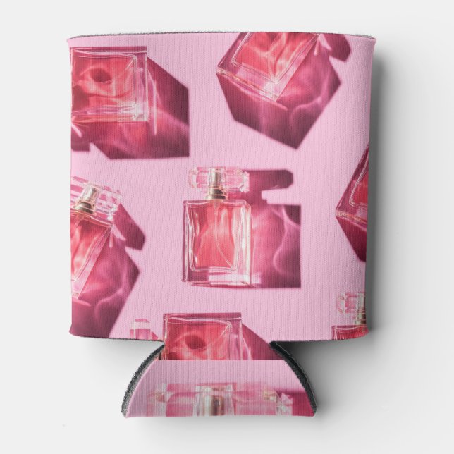 Perfume bottles, pink background, flatlay can cooler (Front)