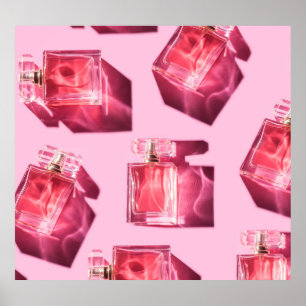 Perfume bottles, pink background, flatlay poster
