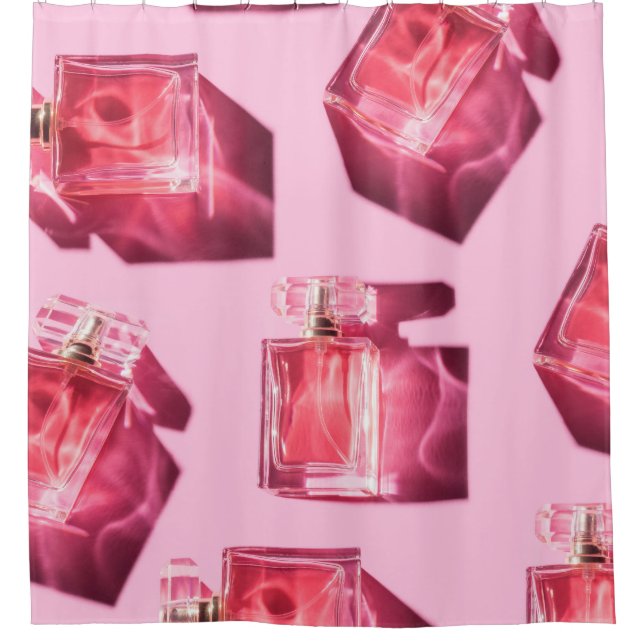 Perfume bottles, pink background, flatlay shower curtain (Front)