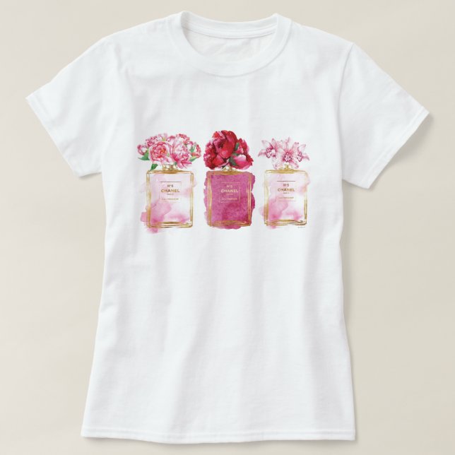 Perfume Bottles Pink Paris Style Aromatic Flowers T-Shirt (Design Front)