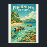 Perhentian Islands, Malaysia, in a vibrant Postcard<br><div class="desc">Travel poster featuring the Perhentian Islands, Malaysia, in a vibrant tropical vintage style. Crystal-clear turquoise water, white sandy beaches, lush palm trees, and wooden boats floating near coral reefs visible beneath the surface. Distant green hills under a bright blue sky with soft clouds. Tropical retro colour palette: turquoise, aqua blue,...</div>