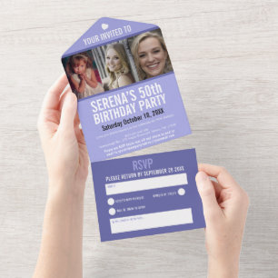 Peri blue purple three photos 50th Birthday party All In One Invitation