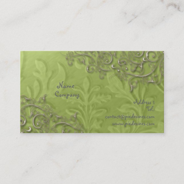 Peridot  green + rustic silver swirls business card (Front)