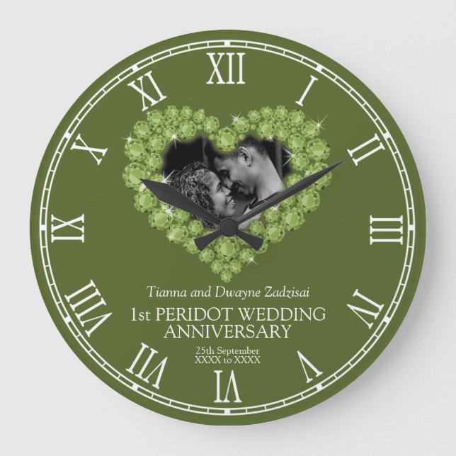 Peridot photo heart 1st wedding anniversary large  large clock (Front)