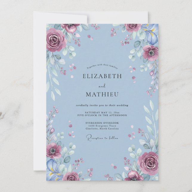 Periwinkle Amethyst Leafy Wedding Invitation (Front)