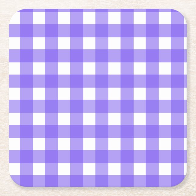 Periwinkle and white gingham square paper coaster (Front)