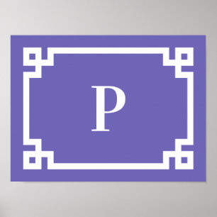 Periwinkle and White Greek Key Border Monogram Poster