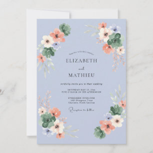 Periwinkle Apricot Leafy Wedding Invitation