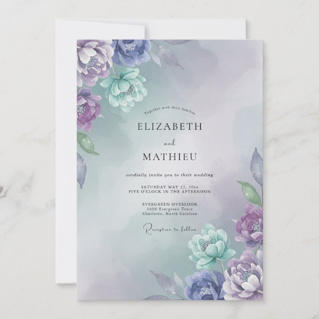 Periwinkle Aqua Ranunculus Eucalyptus Wedding Invitation (Front)