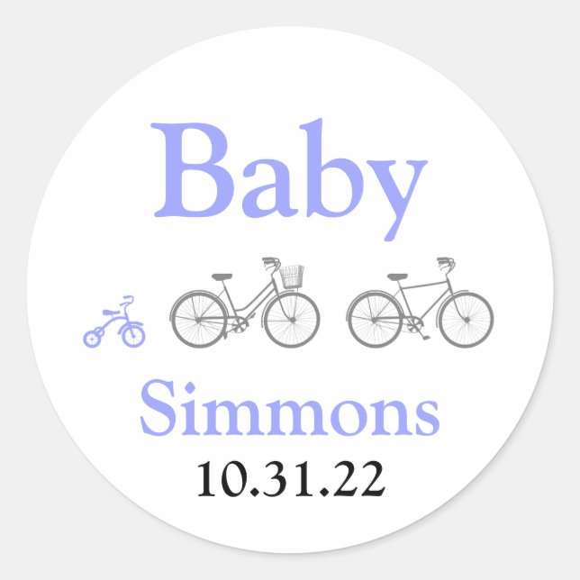 Periwinkle Bicycle Baby Shower Classic Round Sticker (Front)