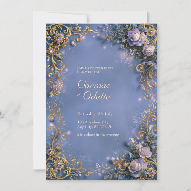 Periwinkle Blossom Gilded Filigree Frame Wedding Invitation (Front)