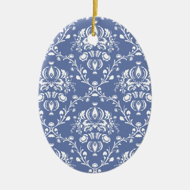 Periwinkle Blue and White Damask Ceramic Tree Decoration (Front)
