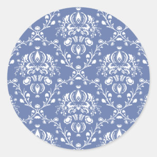 Periwinkle Blue and White Damask Classic Round Sticker