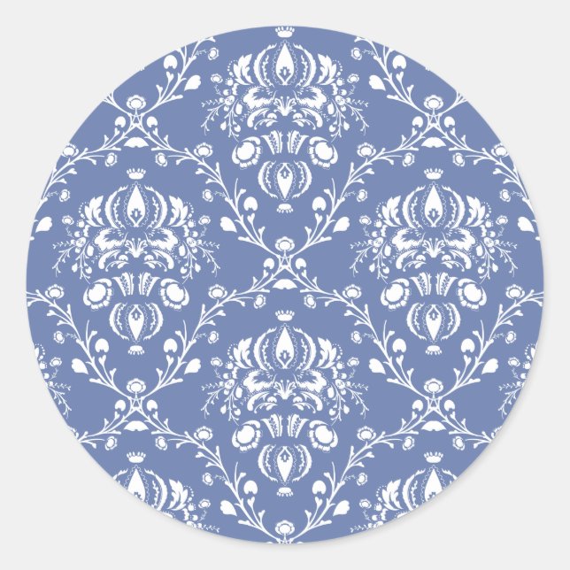 Periwinkle Blue and White Damask Classic Round Sticker (Front)